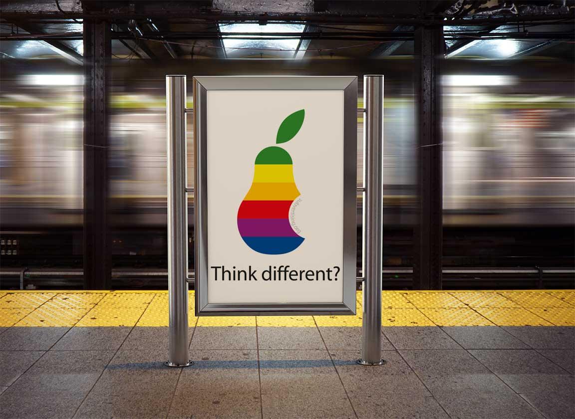 Il logo di una pera a strisce multicolore, subvertising dello storico logo Apple. Con scritto Think different