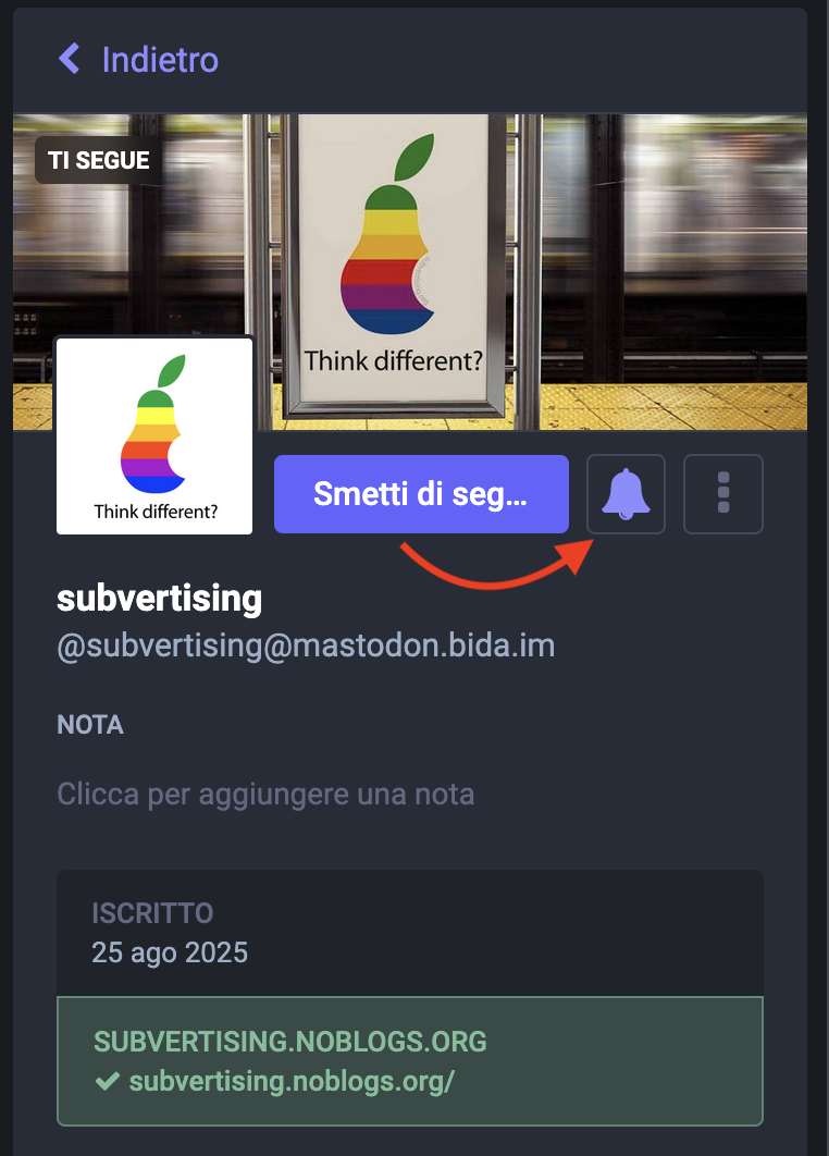 Schermata del profilo mastodon in cui è indciata l'icona della campanella che serve per ricevere le notifiche.