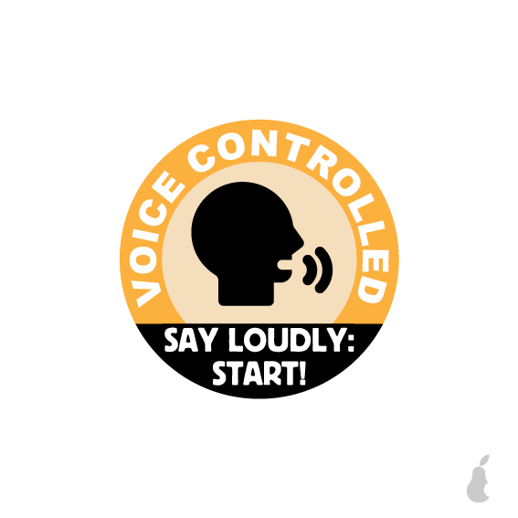 Un'immagine quadrata con sfondo bianco, al centro, una scritta che segue il bordo tondo recita "VOICE CONTROLLED", al centro il pittogramma di una testa che emette un suono, in basso un testo che recita "SAY LOUDLY: START!" A square image with a white background, in the center, a writing following the round edge reads "VOICE CONTROLLED", in the center the pictogram of a head emitting a sound, at the bottom a text that reads "SAY LOUDLY: START!"